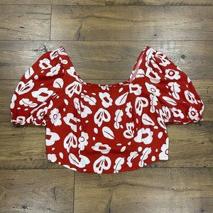 ELOQUII Elements‎ Top Size 18 Puff Sleeve Smocked Back Red Floral Square Neck